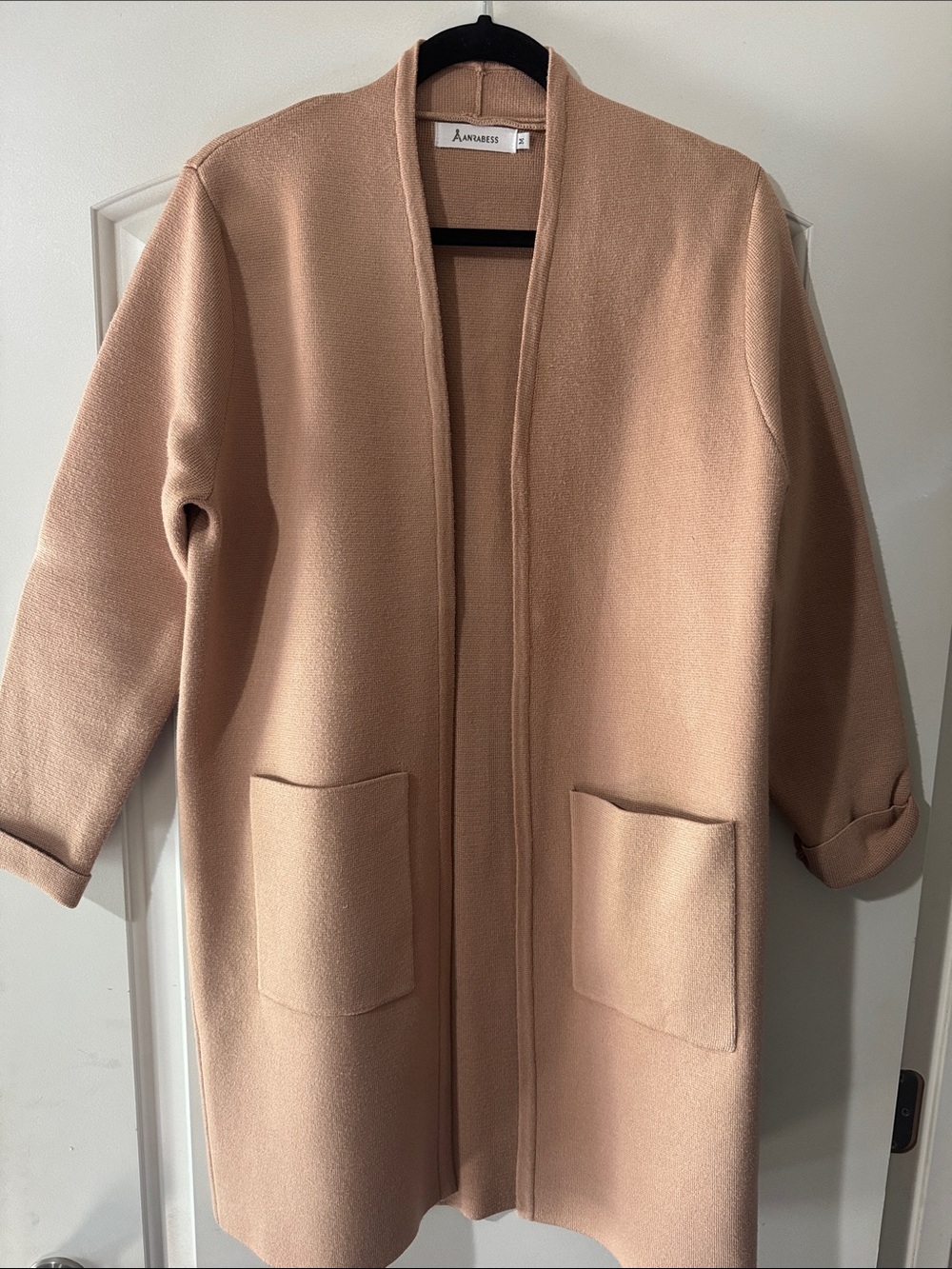 Wool-Blend Open Front Coat/Cardigan in Camel